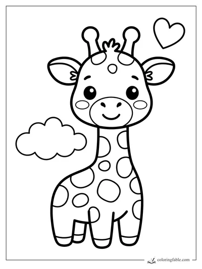 Cute kawaii giraffe with spots, a fluffy cloud, and a heart outline for easy coloring.
