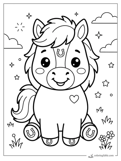 Cute kawaii horse with big eyes, cheek spots, horseshoes, stars, clouds, grass, and flowers.