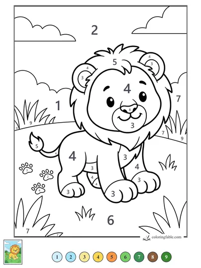 Smiling Kawaii Lion Cub with Tiny Paw Prints — color by number