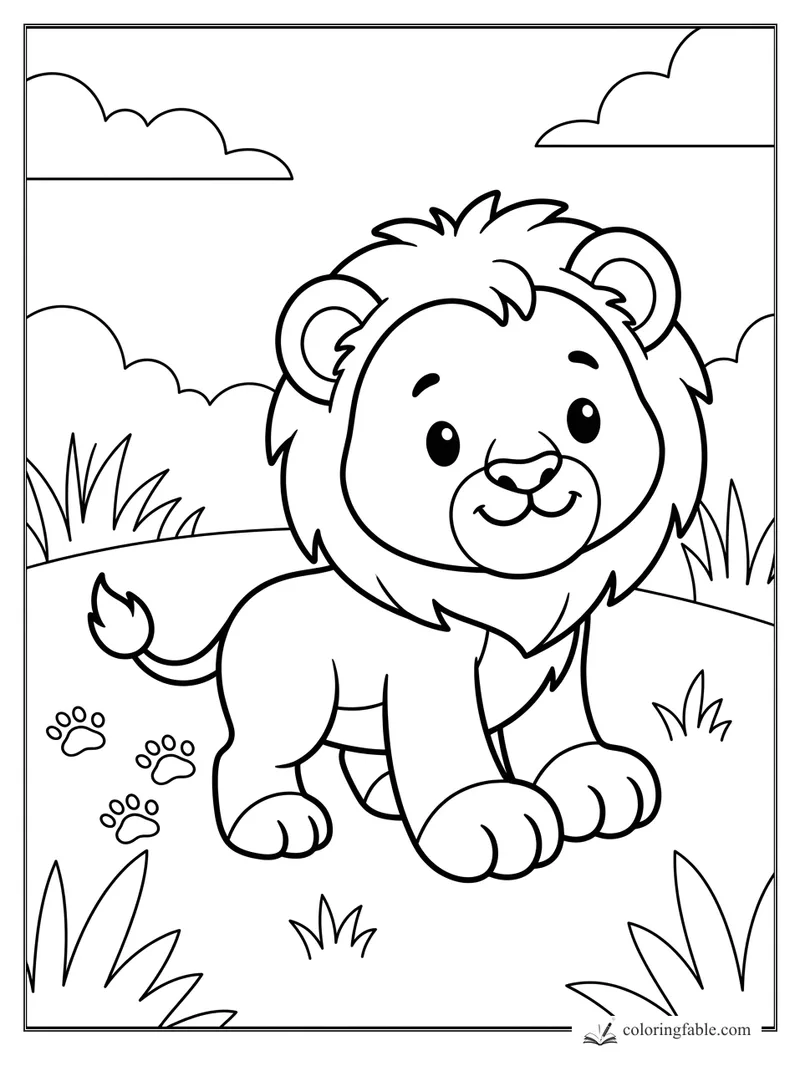 Cute kawaii lion cub sitting in grass with clouds and small paw prints