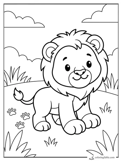 Cute kawaii lion cub sitting in grass with clouds and small paw prints