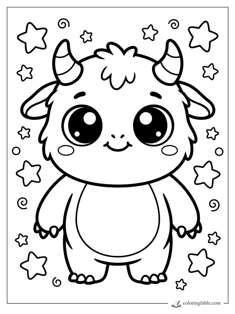 Cute horned monster with big shiny eyes, floppy ears, striped horns, stars, dots, and curly swirls.