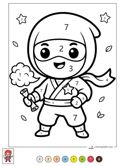 Smiling Kawaii Ninja with Star Badge — color by number