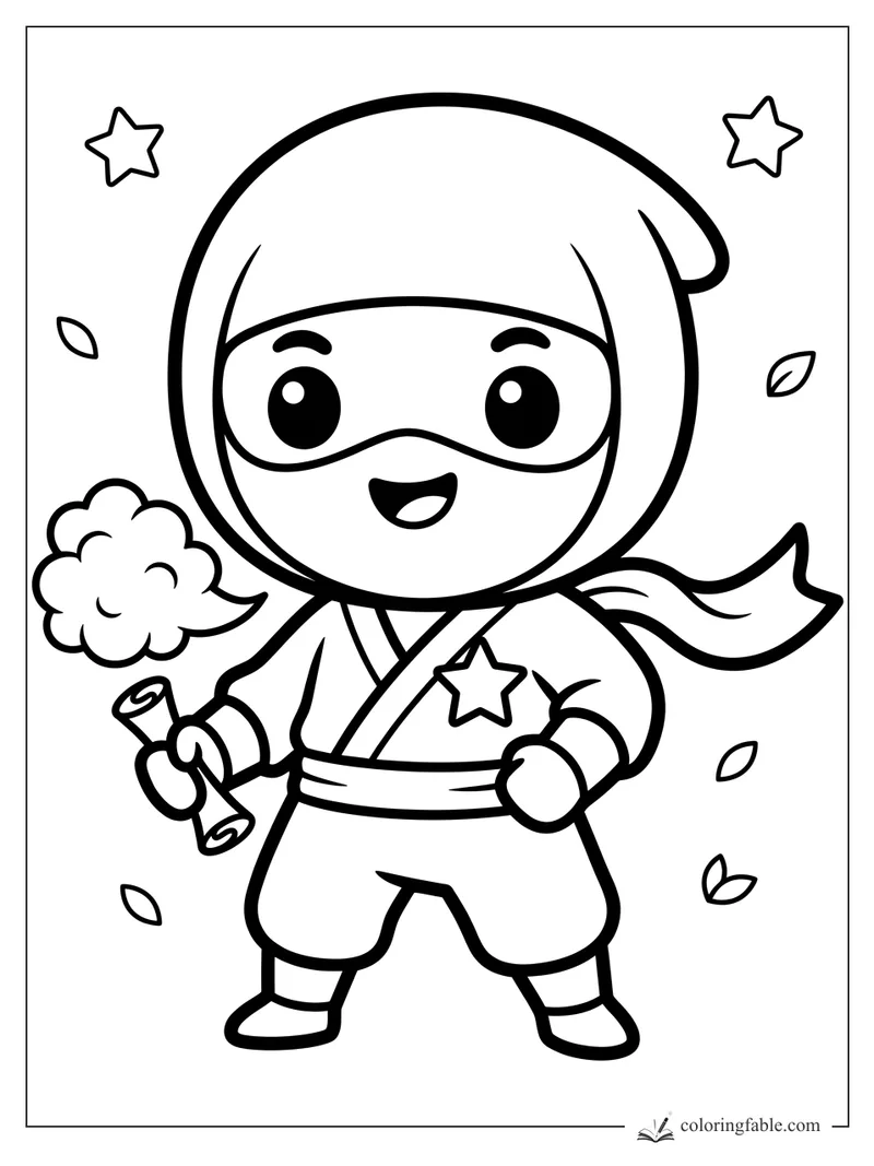 Kawaii ninja holding a scroll, with a star badge, scarf, smoke puff, leaves, and two stars