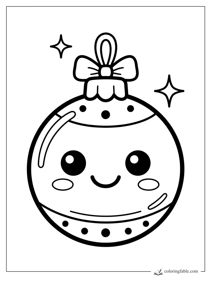 Kawaii Christmas ornament with smiling face, bow, hanging loop, dotted trim, and two sparkles
