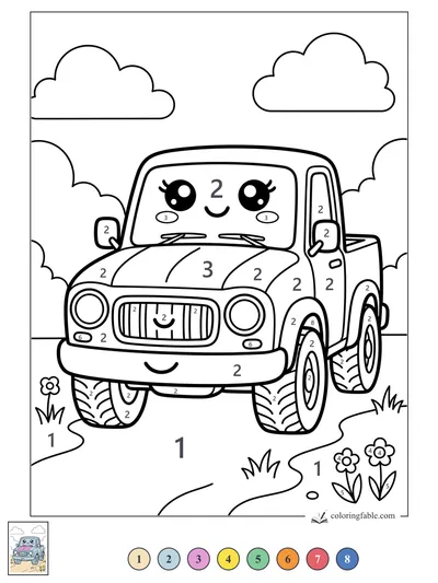 Smiling Kawaii Pickup on a Flower Trail — color by number