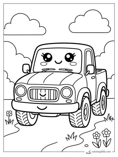 Kawaii pickup truck with big eyes, striped tires, clouds, grass, and flowers on a winding path.