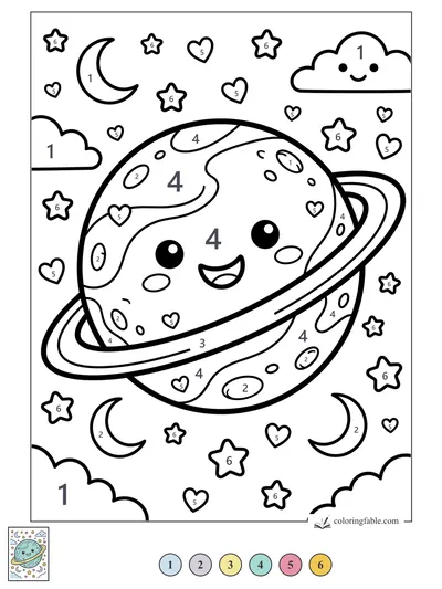 Smiling Kawaii Ringed Planet in a Heart-Filled Sky — color by number