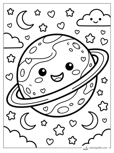 Kawaii ringed planet with a happy face, moons, stars, clouds, and tiny hearts in space.