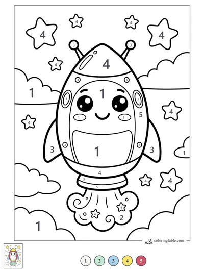 Smiling Kawaii Rocket Among Stars — color by number