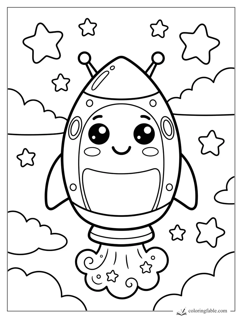 Kawaii rocket with a smiling face, antennae, stars, clouds, and a curly blast trail.