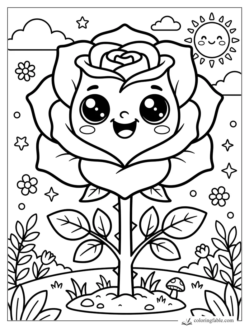 Kawaii rose with big sparkling eyes, thorns, leaves, flowers, stars, clouds, and smiling sun.