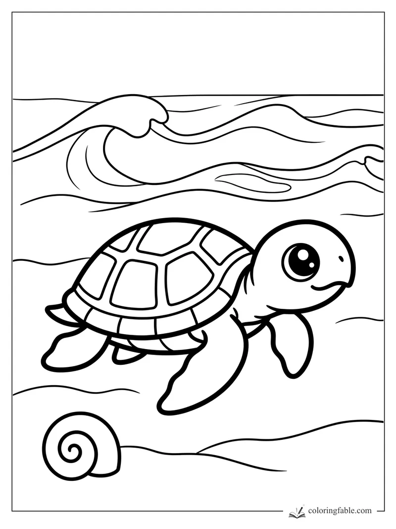 Kawaii sea turtle swimming under wavy water lines above a spiral seashell coloring page