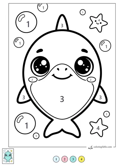 Smiling Kawaii Shark with Bubbles and Starfish — color by number