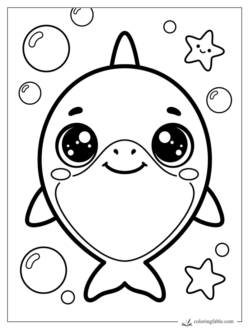 Cute kawaii shark smiling with big eyes, bubbles, and two starfish in an easy coloring page