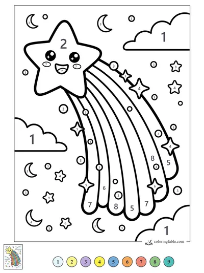 Smiling Kawaii Shooting Star with Rainbow Trail — color by number