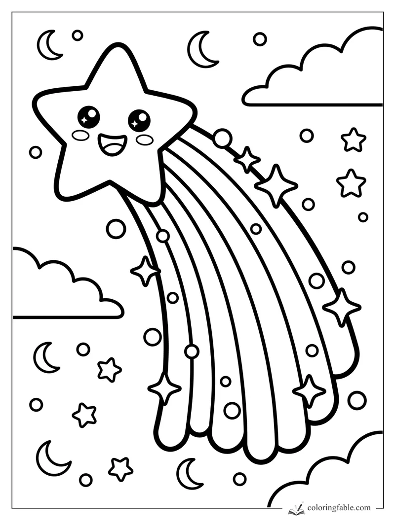 Kawaii shooting star with a smiling face, rainbow trail, moons, clouds, and small stars