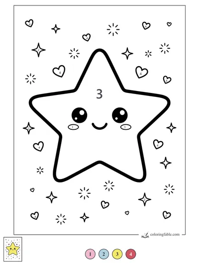 Smiling Kawaii Star with Hearts and Sparkles — color by number