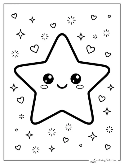 Kawaii smiling star coloring page with hearts, sparkles, shiny eyes, and blush cheeks.