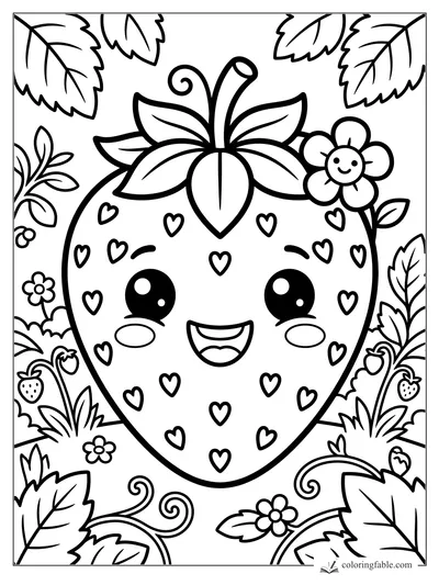 Kawaii strawberry coloring page with heart seeds, smiling face, flower, vines, and leafy garden details.