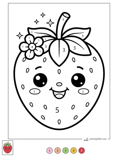Smiling Kawaii Strawberry with Flower — color by number