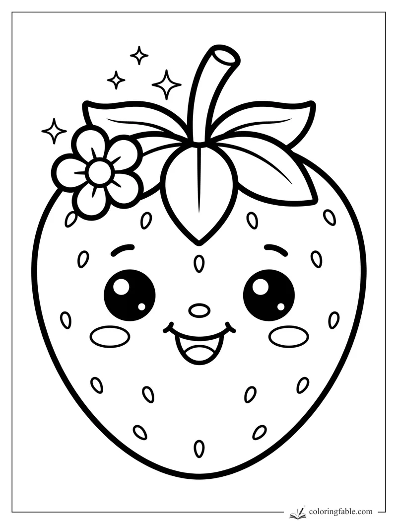 Kawaii strawberry with big shiny eyes, leafy top, flower, seeds, and sparkling stars.