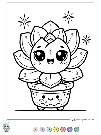 Smiling Kawaii Succulent in a Polka-Dot Pot — color by number