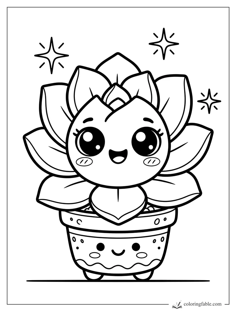 Kawaii succulent with big eyes in a cute polka-dot pot, surrounded by three sparkle stars.