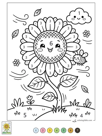 Smiling Kawaii Sunflower in a Breezy Garden — color by number
