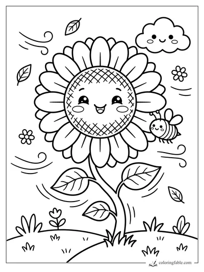 Kawaii sunflower with a smiling face, bee, cloud, leaves, flowers, and swirling wind in a garden.