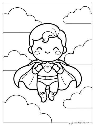Kawaii superhero child flying with cape, heart emblem, and fluffy clouds coloring page