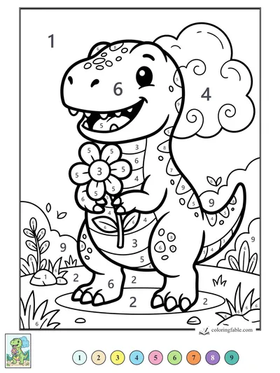 Smiling Kawaii T. Rex With a Flower — color by number