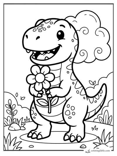 Kawaii T. rex smiling and holding a big flower, with swirly clouds, spots, plants, and rocks.