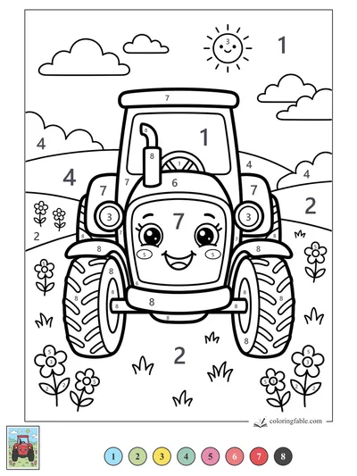 Smiling Kawaii Tractor in a Flower Field — color by number