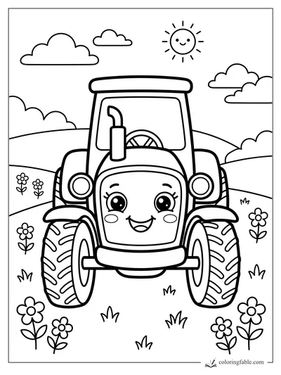 Kawaii tractor with big eyes, chunky tires, flowers, rolling hills, clouds, and a smiling sun.
