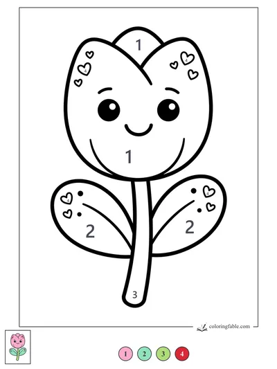 Smiling Kawaii Tulip With Heart Doodles — color by number