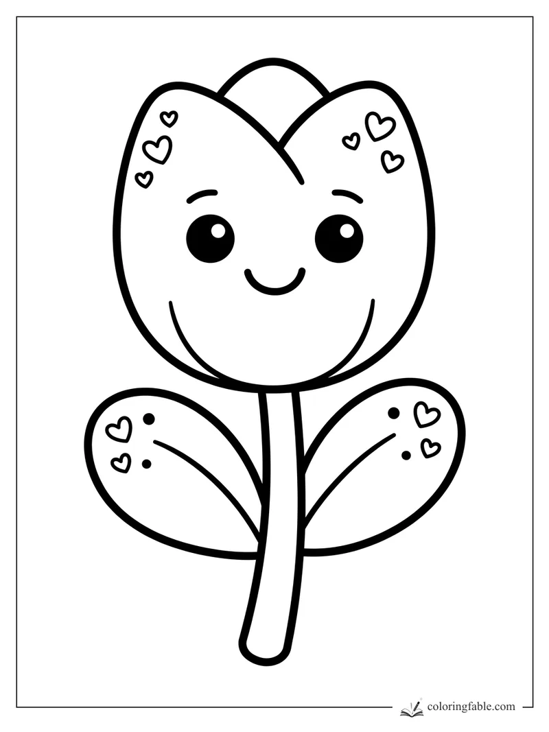 Kawaii tulip coloring page with smiling face, heart doodles on petals and leaves, and a tall stem.