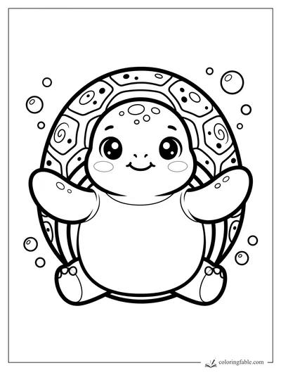 Kawaii turtle with big eyes, patterned shell, raised flippers, tiny toes, and floating bubbles.