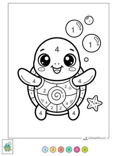 Smiling Kawaii Turtle with Bubbles and Starfish — color by number