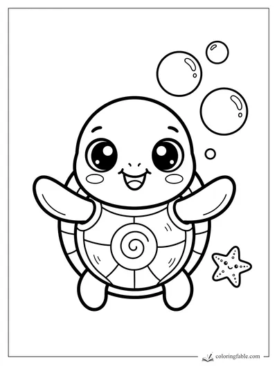 Kawaii turtle with big eyes, raised flippers, bubbles, spiral shell, and a smiling starfish.