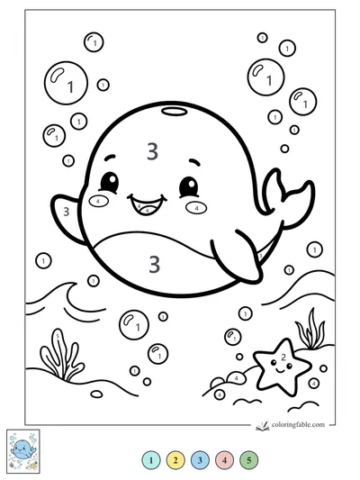 Smiling Kawaii Whale with Bubbles and Starfish — color by number