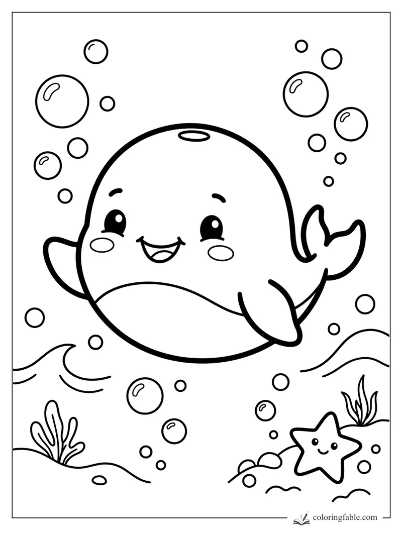 Kawaii whale smiling underwater with bubbles, seaweed, waves, and a happy starfish.