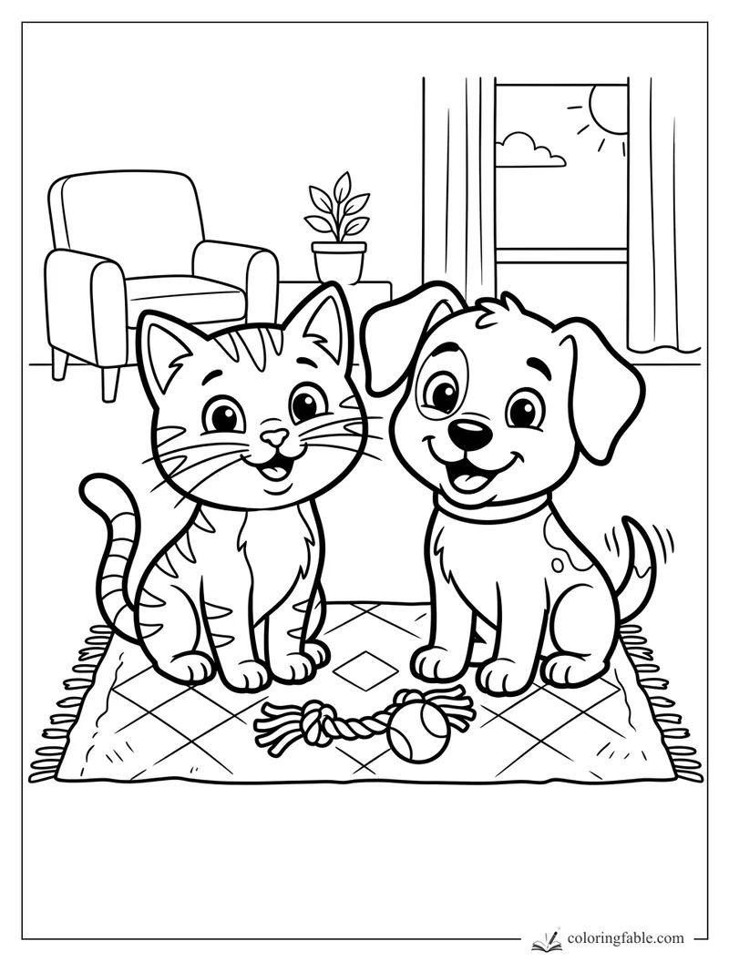 Cartoon kitten and puppy sitting on a rug with a rope toy, ball, armchair, plant, and sunny window.