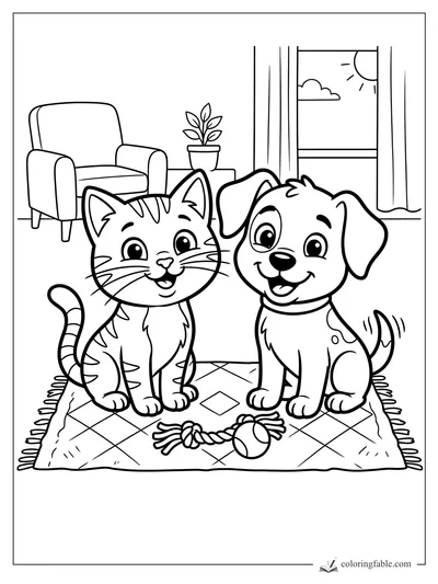 Cartoon kitten and puppy sitting on a rug with a rope toy, ball, armchair, plant, and sunny window.