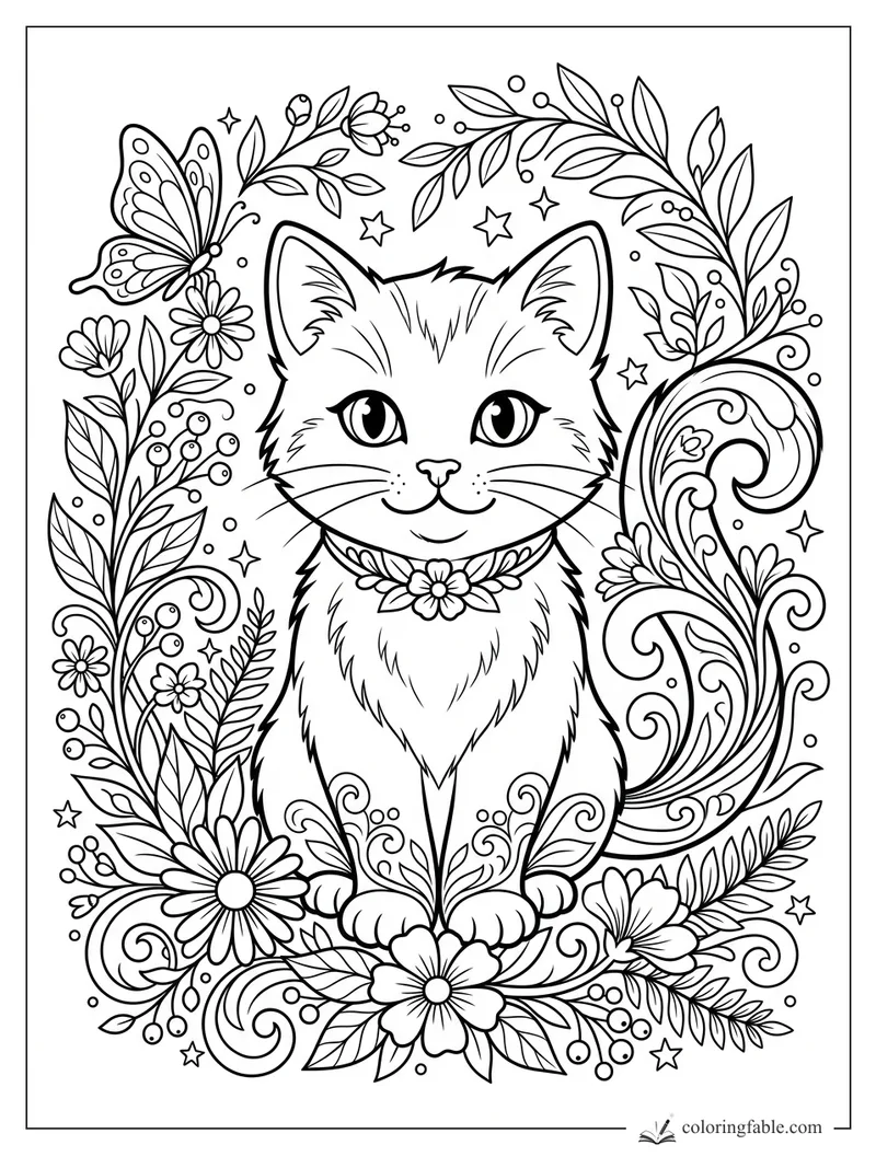 Smiling kitten with a flower collar, butterfly, stars, leafy vines, berries, and swirling tail patterns.