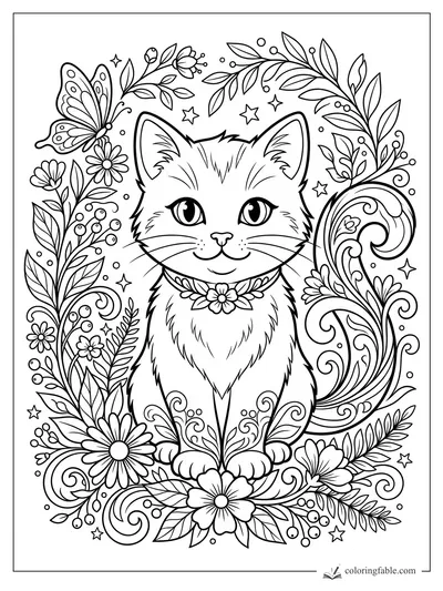 Smiling kitten with a flower collar, butterfly, stars, leafy vines, berries, and swirling tail patterns.