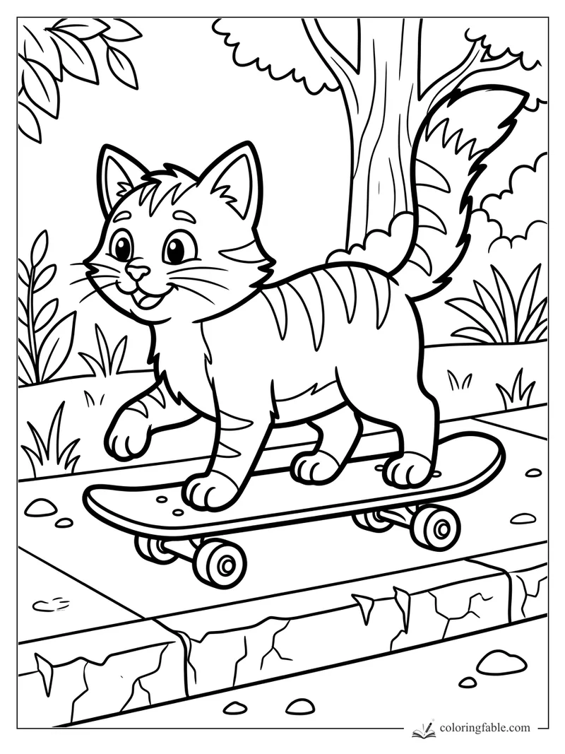 Cartoon kitten riding a skateboard on a cracked park path beside grass, shrubs, and a tree.