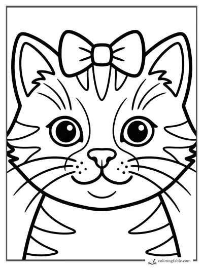 Bold easy kitten face with big eyes, whiskers, stripes, and a bow on its head.