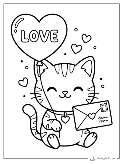 Sticker-style kitten holding a LOVE heart balloon and a stamped envelope with tiny hearts around it.
