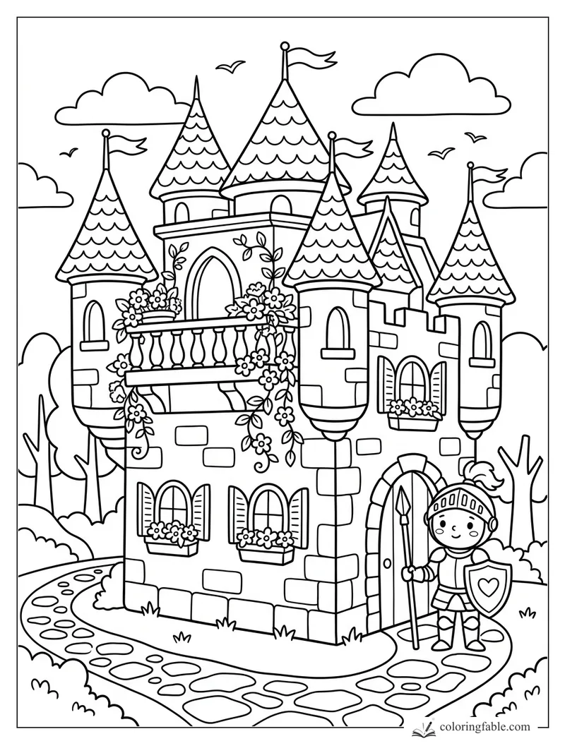 Cartoon knight with spear and heart shield outside a many-towered castle with flags, vines, flowers, and stone path.